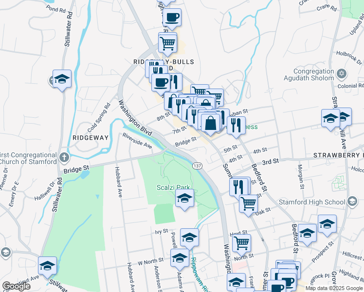 map of restaurants, bars, coffee shops, grocery stores, and more near 1902-2190 Washington Boulevard in Stamford