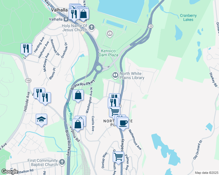 map of restaurants, bars, coffee shops, grocery stores, and more near 3 Intervale Avenue in White Plains