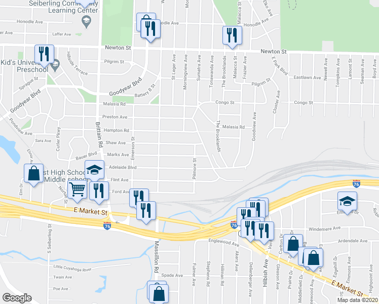 map of restaurants, bars, coffee shops, grocery stores, and more near 1881 Adelaide Boulevard in Akron