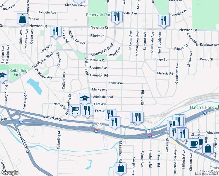 map of restaurants, bars, coffee shops, grocery stores, and more near 1761 Adelaide Boulevard in Akron