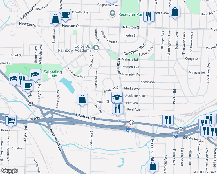 map of restaurants, bars, coffee shops, grocery stores, and more near 1547 Bauer Boulevard in Akron