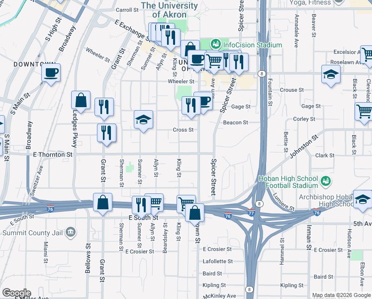 map of restaurants, bars, coffee shops, grocery stores, and more near 617 Kling Street in Akron
