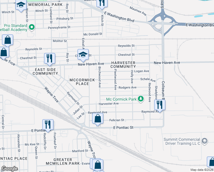 map of restaurants, bars, coffee shops, grocery stores, and more near 3224 Rodgers Avenue in Fort Wayne
