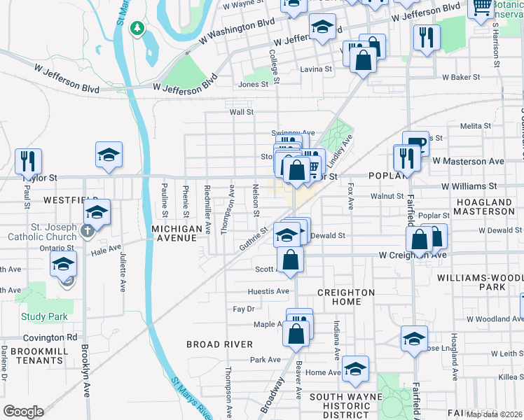 map of restaurants, bars, coffee shops, grocery stores, and more near 2122 Nelson Street in Fort Wayne