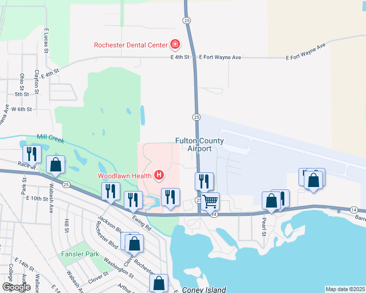 map of restaurants, bars, coffee shops, grocery stores, and more near 1499 Woodlawn Hospital Drive in Rochester