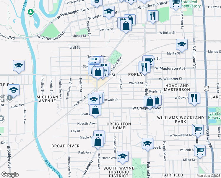 map of restaurants, bars, coffee shops, grocery stores, and more near 842 Poplar Street in Fort Wayne