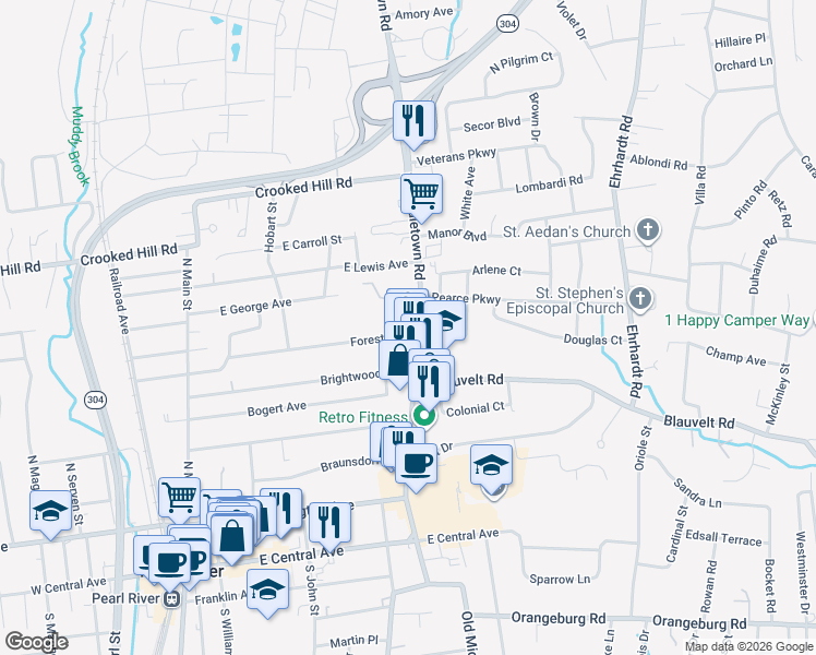 map of restaurants, bars, coffee shops, grocery stores, and more near 163-165 North Middletown Road in Pearl River