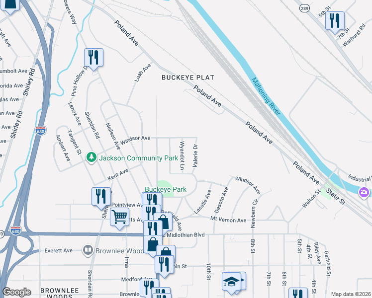 map of restaurants, bars, coffee shops, grocery stores, and more near 3582 Valerie Drive in Youngstown