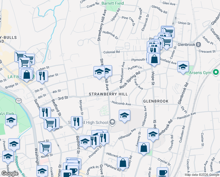 map of restaurants, bars, coffee shops, grocery stores, and more near 1 Strawberry Hill Court in Stamford