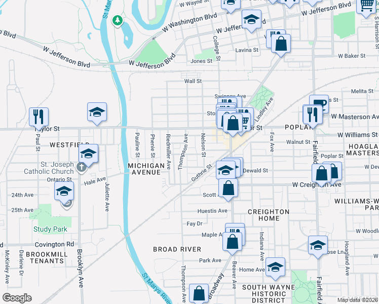 map of restaurants, bars, coffee shops, grocery stores, and more near 1328 Michigan Avenue in Fort Wayne