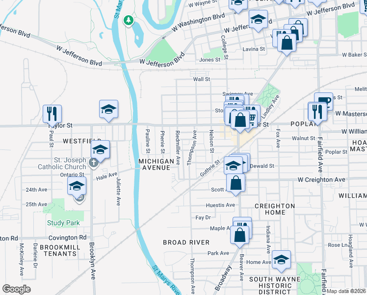 map of restaurants, bars, coffee shops, grocery stores, and more near 1436 Michigan Avenue in Fort Wayne