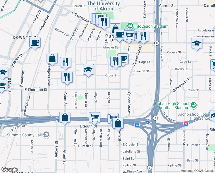 map of restaurants, bars, coffee shops, grocery stores, and more near 567 Kling Street in Akron