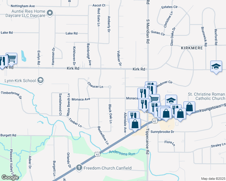 map of restaurants, bars, coffee shops, grocery stores, and more near 3816 Chaucer Lane in Youngstown