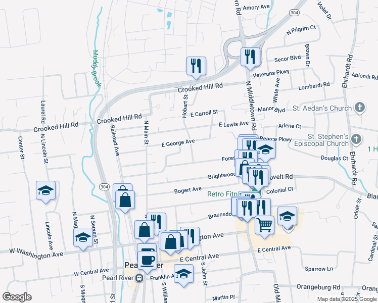 map of restaurants, bars, coffee shops, grocery stores, and more near 204 Hobart Street in Pearl River