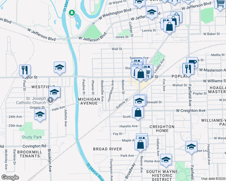 map of restaurants, bars, coffee shops, grocery stores, and more near 2051 Thompson Avenue in Fort Wayne