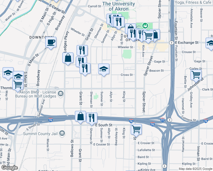 map of restaurants, bars, coffee shops, grocery stores, and more near 619 Sumner Street in Akron