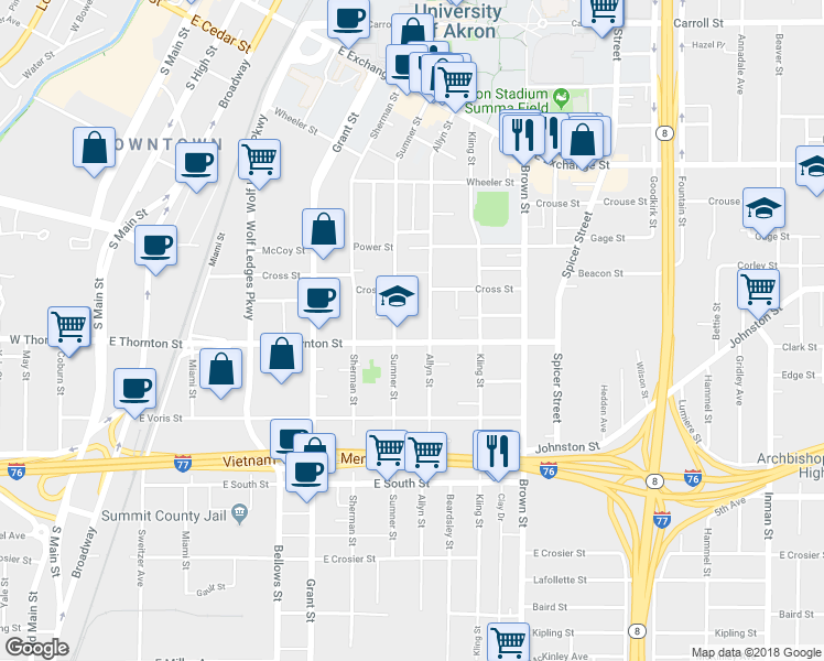 map of restaurants, bars, coffee shops, grocery stores, and more near 619 Sumner Street in Akron