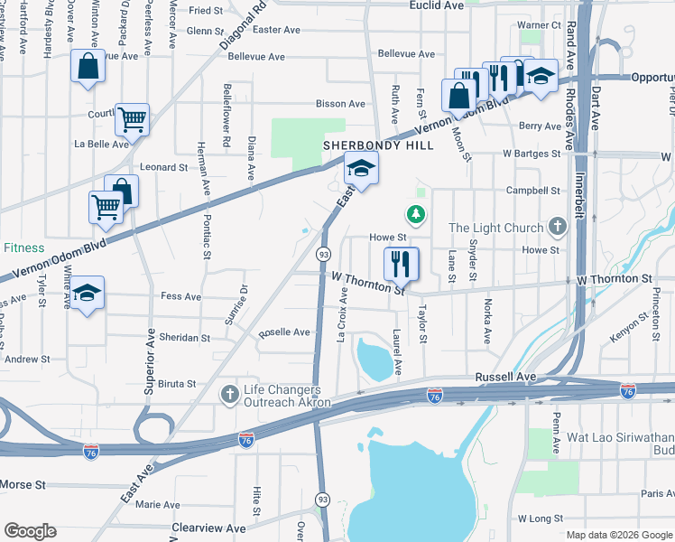 map of restaurants, bars, coffee shops, grocery stores, and more near 998 La Croix Avenue in Akron
