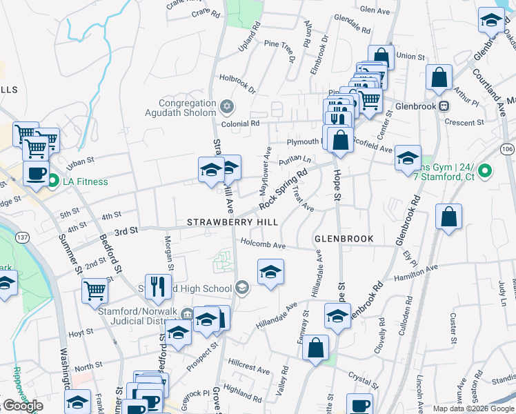 map of restaurants, bars, coffee shops, grocery stores, and more near 12 Hackett Circle South in Stamford