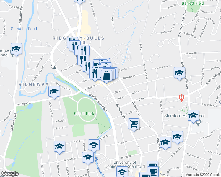map of restaurants, bars, coffee shops, grocery stores, and more near 2111 Summer Street in Stamford