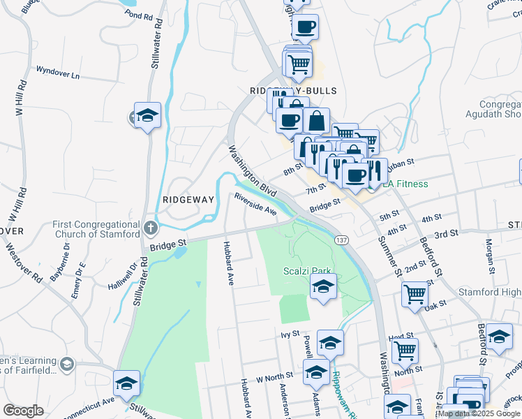map of restaurants, bars, coffee shops, grocery stores, and more near 39 Riverside Avenue in Stamford
