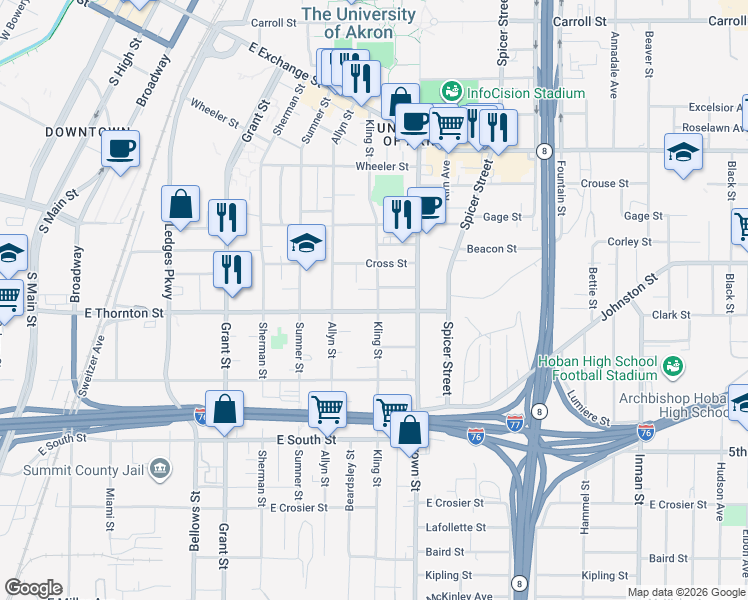 map of restaurants, bars, coffee shops, grocery stores, and more near 567 Kling Street in Akron