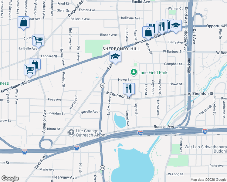 map of restaurants, bars, coffee shops, grocery stores, and more near 998 La Croix Avenue in Akron