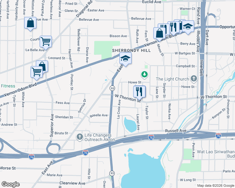 map of restaurants, bars, coffee shops, grocery stores, and more near 998 La Croix Avenue in Akron