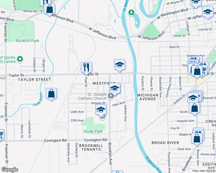 map of restaurants, bars, coffee shops, grocery stores, and more near 2026 Brooklyn Avenue in Fort Wayne