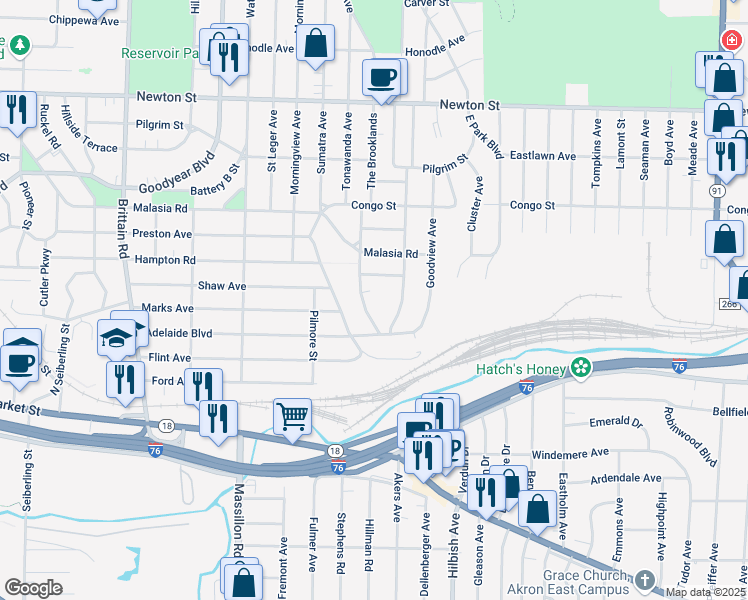 map of restaurants, bars, coffee shops, grocery stores, and more near 1834 Java Avenue in Akron