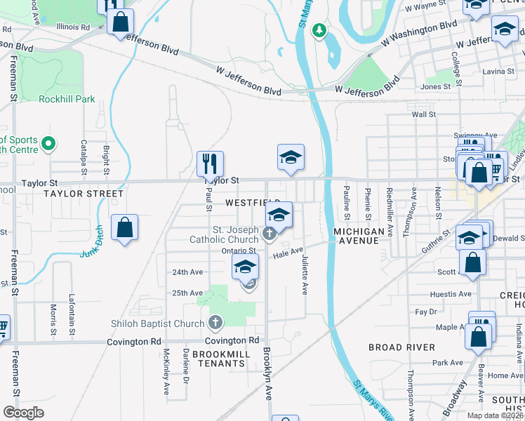 map of restaurants, bars, coffee shops, grocery stores, and more near 2026 Brooklyn Avenue in Fort Wayne