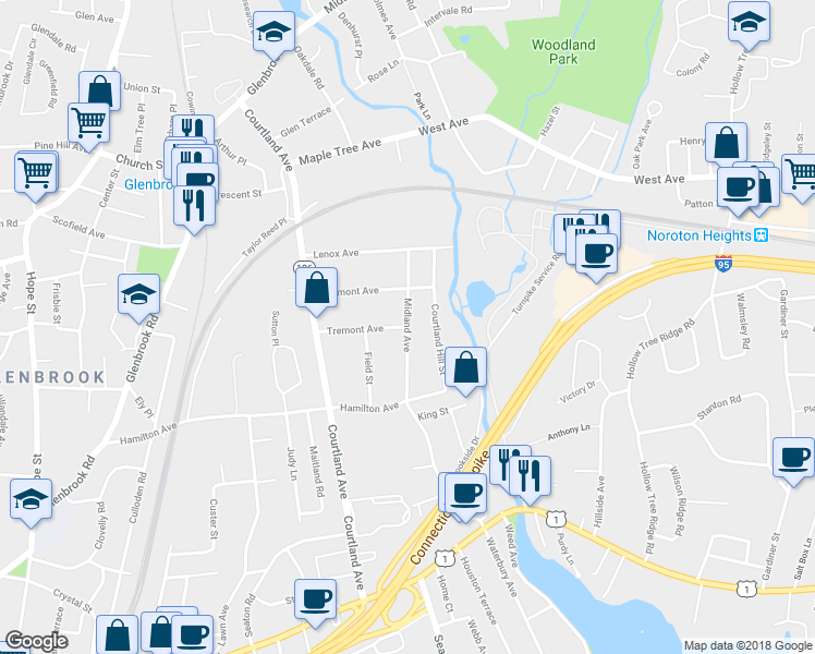 map of restaurants, bars, coffee shops, grocery stores, and more near Midland Avenue in Stamford