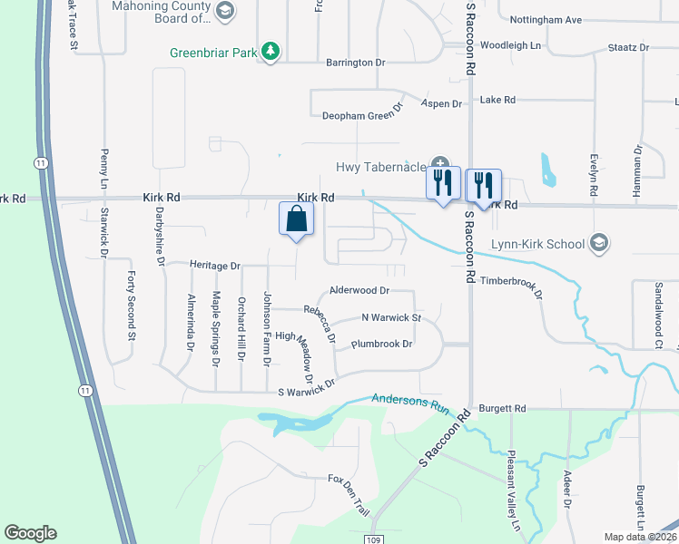 map of restaurants, bars, coffee shops, grocery stores, and more near 4633 Washington Square Drive in Austintown
