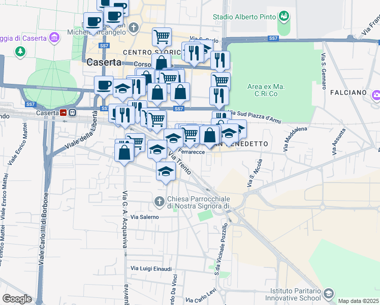 map of restaurants, bars, coffee shops, grocery stores, and more near Via Renato Caccioppoli in Caserta