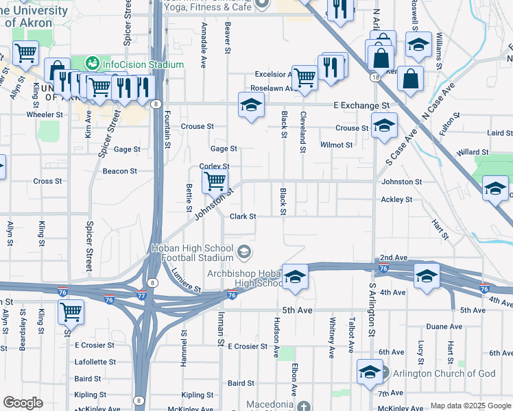 map of restaurants, bars, coffee shops, grocery stores, and more near 445 Downing Place in Akron