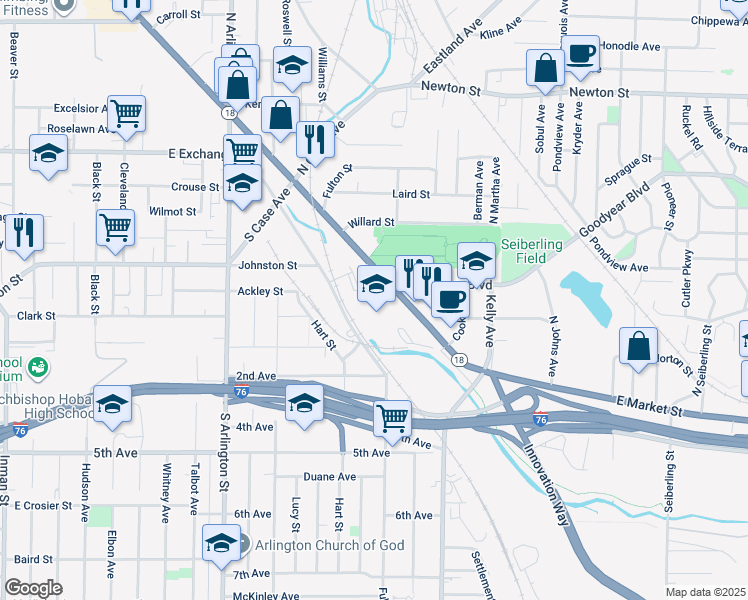 map of restaurants, bars, coffee shops, grocery stores, and more near 1144 East Market Street in Akron