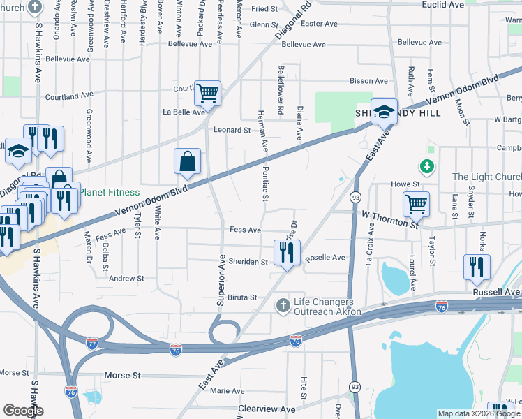 map of restaurants, bars, coffee shops, grocery stores, and more near 1387 Blake Place in Akron