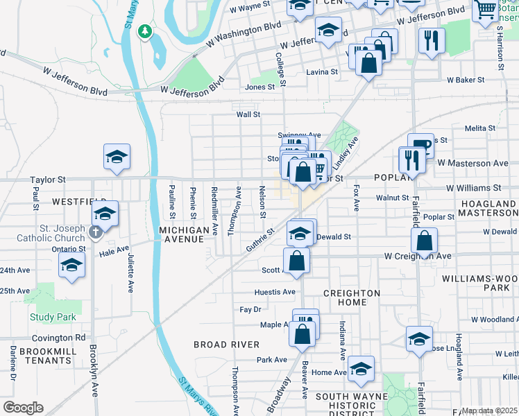 map of restaurants, bars, coffee shops, grocery stores, and more near 2046 Nelson Street in Fort Wayne