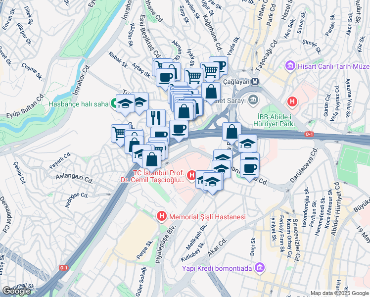 map of restaurants, bars, coffee shops, grocery stores, and more near 34 Darülaceze Caddesi in Kâğıthane