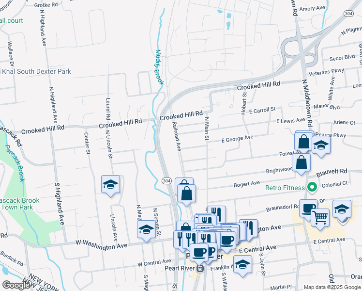 map of restaurants, bars, coffee shops, grocery stores, and more near 47 George Avenue in Pearl River