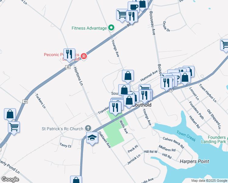 map of restaurants, bars, coffee shops, grocery stores, and more near 2555 Youngs Avenue in Southold