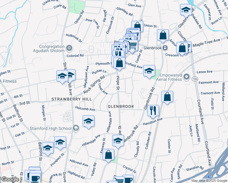 map of restaurants, bars, coffee shops, grocery stores, and more near 184 Hope Street in Stamford
