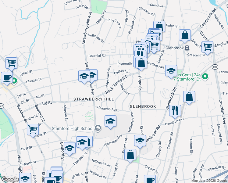 map of restaurants, bars, coffee shops, grocery stores, and more near 77 Rock Spring Road in Stamford
