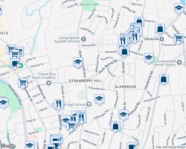 map of restaurants, bars, coffee shops, grocery stores, and more near 12 Hackett Circle South in Stamford