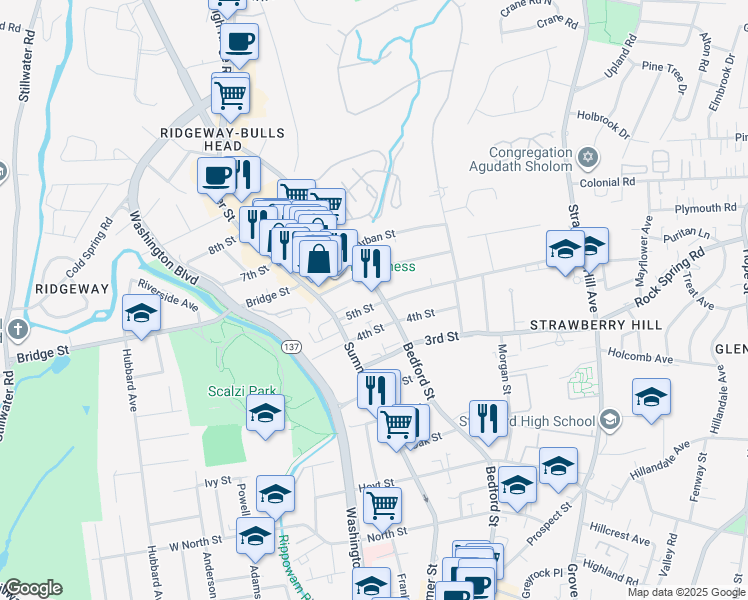 map of restaurants, bars, coffee shops, grocery stores, and more near 1899 Bedford Street in Stamford