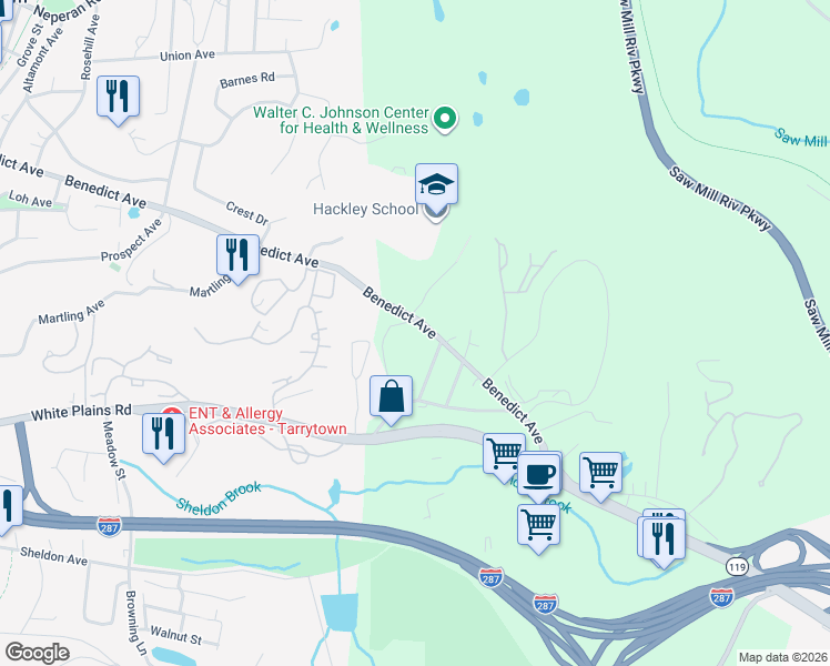 map of restaurants, bars, coffee shops, grocery stores, and more near 430 Benedict Avenue in Tarrytown