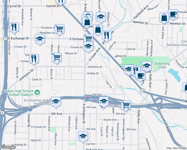 map of restaurants, bars, coffee shops, grocery stores, and more near 1139 Ackley Street in Akron