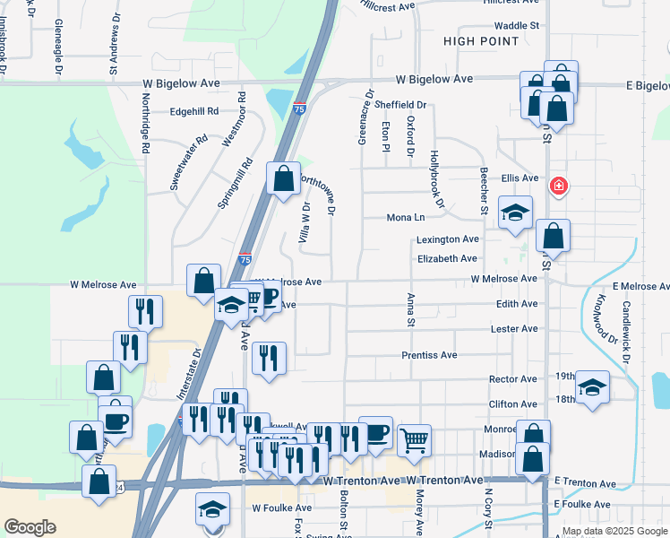 map of restaurants, bars, coffee shops, grocery stores, and more near 2300 Greenacre Dr in Findlay