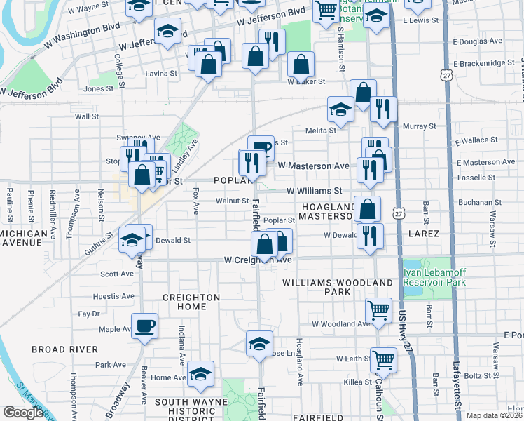 map of restaurants, bars, coffee shops, grocery stores, and more near 447 West Williams Street in Fort Wayne
