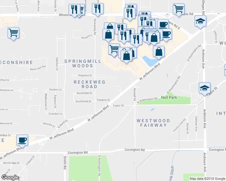 map of restaurants, bars, coffee shops, grocery stores, and more near 4700 Ridgelane Drive in Fort Wayne